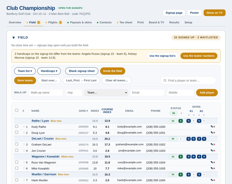 The signup list in the tournament console